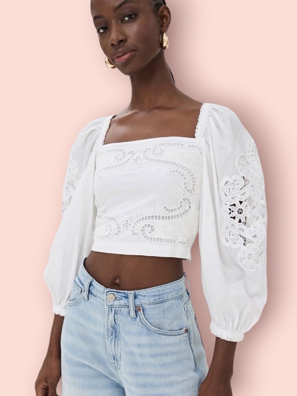 FARM RIO White Lace Poplin Blouse
